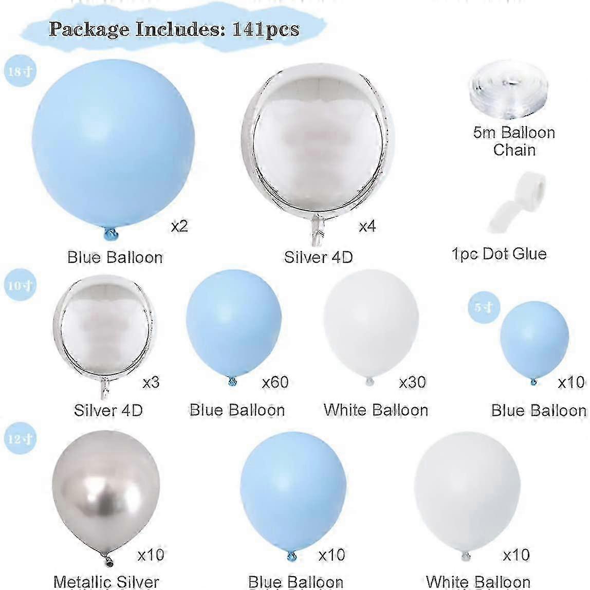 ブルーバルーンガーランドアーチキット、141pcsブルーシルバーホワイトバルーン、シルバー4Dフォイルバルーン、男の子ベビーシャワー用マカロンメタルバルーンアーチ、1st Birthda