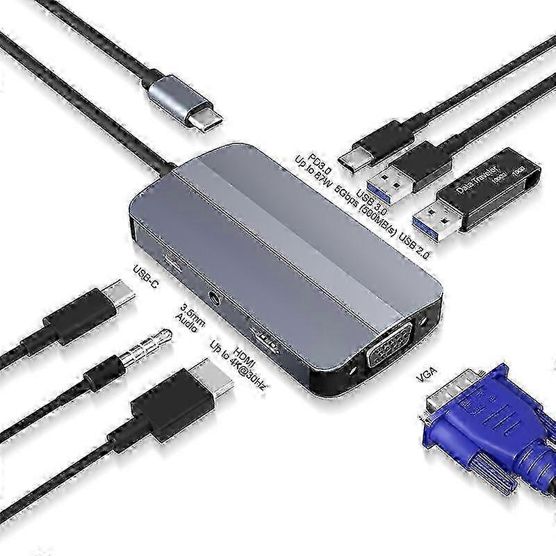 JUNSUNMAY 7 in 1 Type-C to 4K HDMI + VGA + 3.5mm Audio Docking Station Adapter PD Quick Charge Hub JSM-HUB016