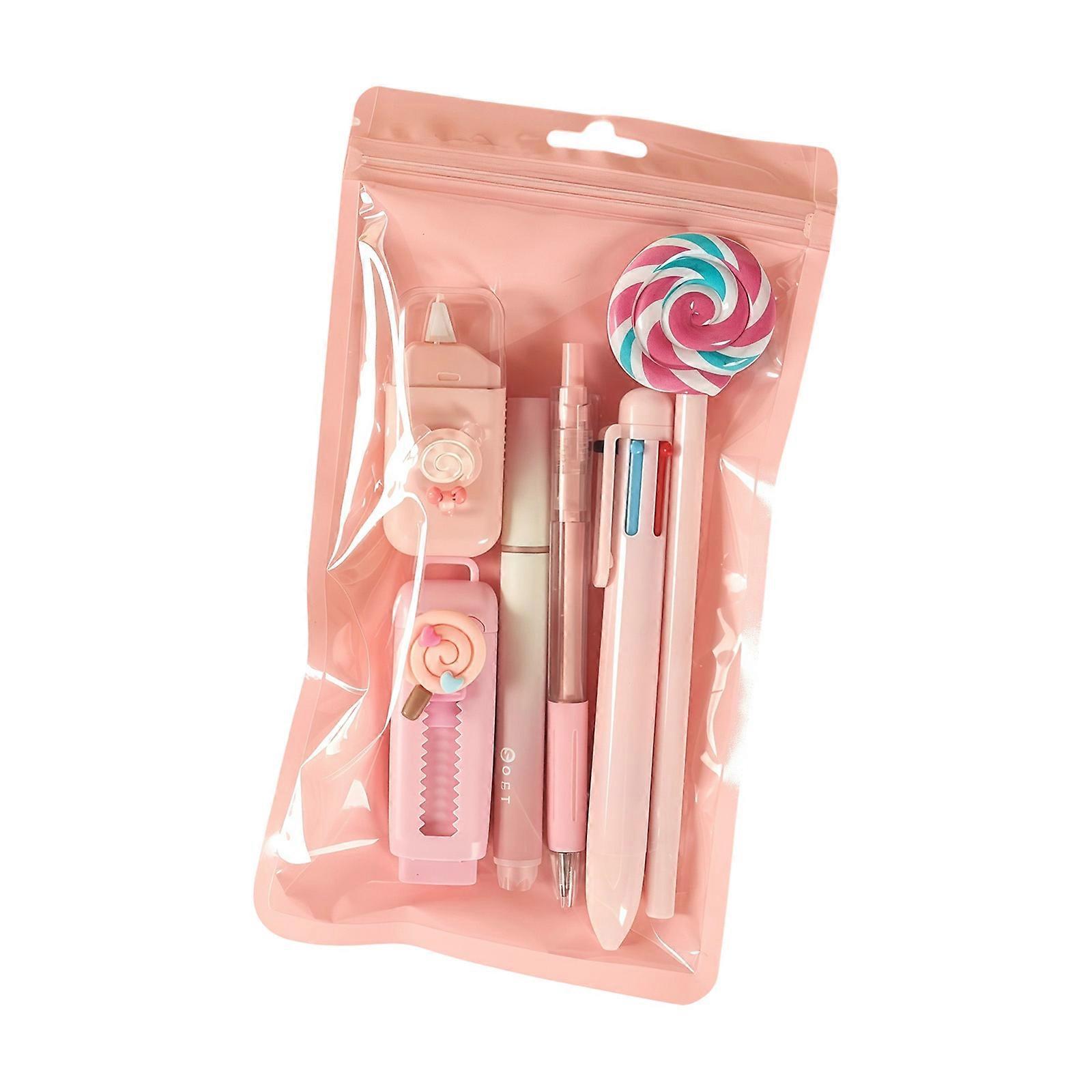 Candy Themed Student Stationeries Plastic Writing Tool Set With Multicolored Pen White Out Corection Erasers for Student  pink