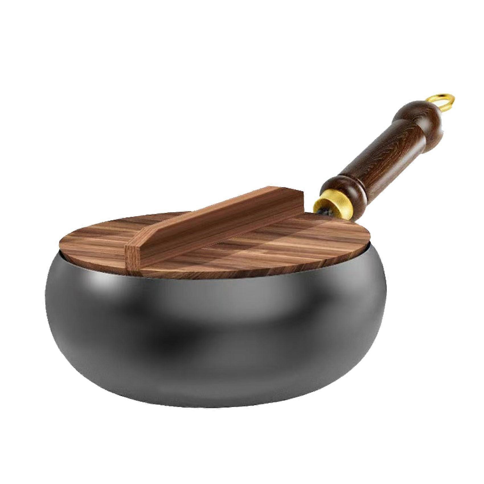 Iron Wok Pan, HandForged Uncoated NonStick Frying Pan with Lid, 28cm Round Bottom for Gas Cooker Stir Fry