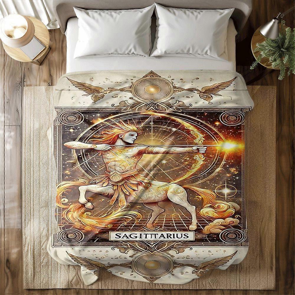 Couverture en flanelle de luxe Sagittaire - Couvre-lit doux et moelleux toutes saisons avec motif astrologique doré et marron, Sag-POIAS85