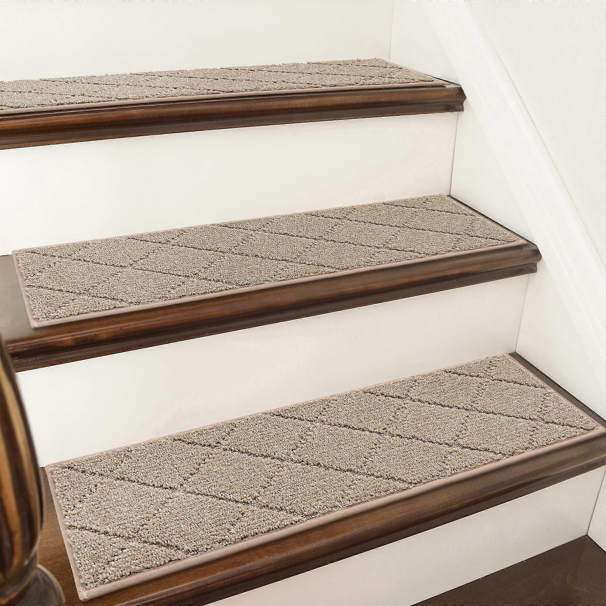 Non Slip Stair Treads Carpet Mats 28'x9' Set of 15 for Wooden Steps, Kids and Pets, Beige Polyester with TPE Backing