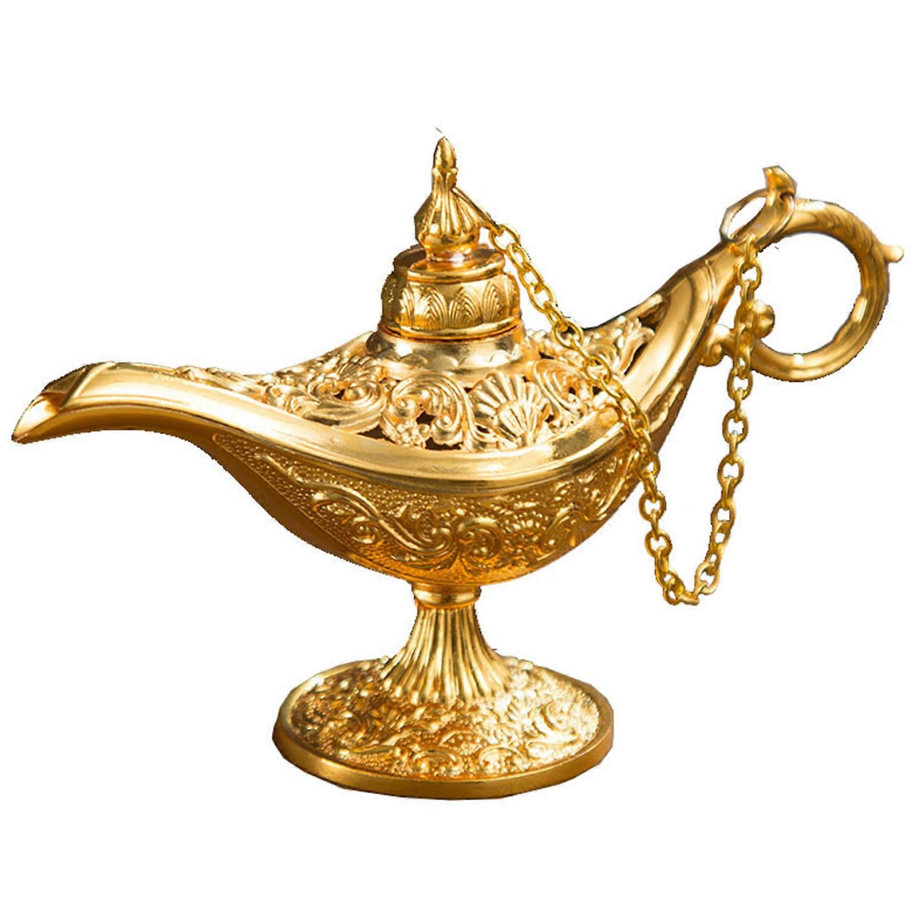 Vintage Genie Lamp Golden Arabian Decor Durable Alloy Collectible with Chained Lid