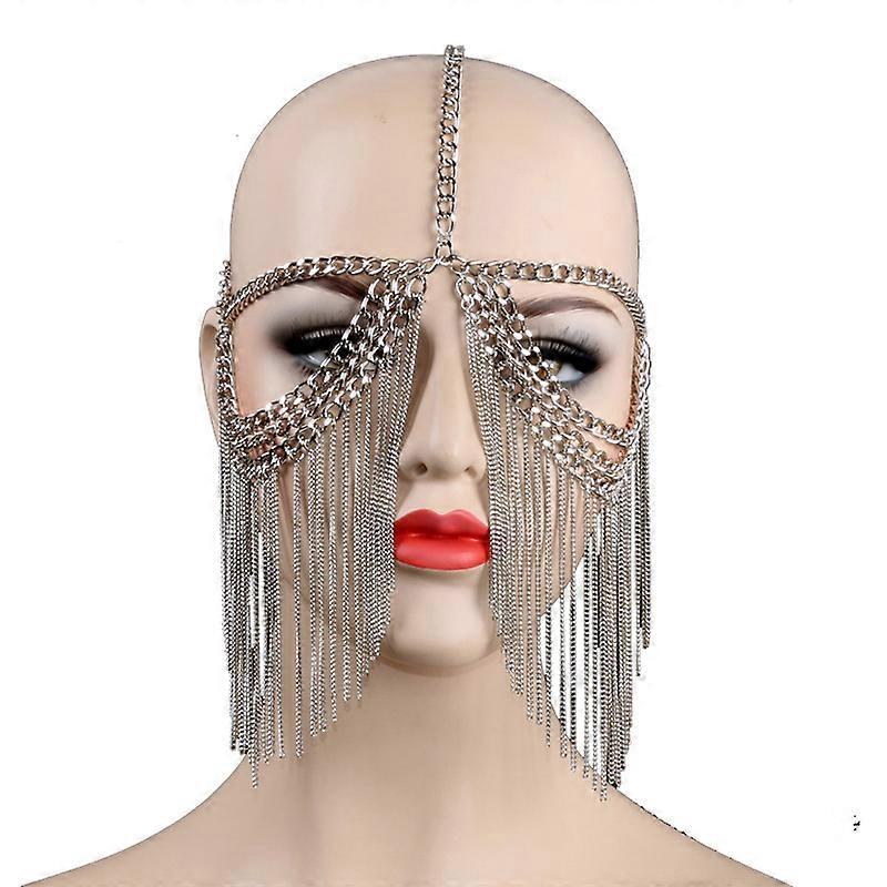 Elegant Silver Body Chain Jewelry Fashion Layered Head Chain Tassels Face Veil Carnival Wear