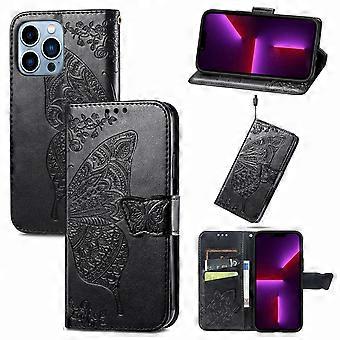 Case For Iphone 13 Pro Black Embossed Butterfly Flip Leather Card And Anti-fall No10423