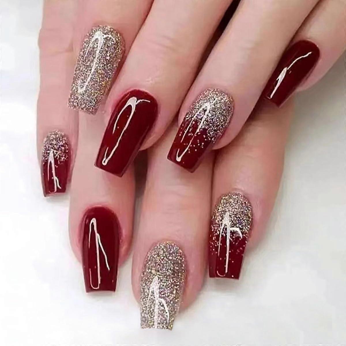Cherry Red Press on Nails with Gold Glitter Coffin and Medium Square Tips, 24pcs Acrylic Nail Kit