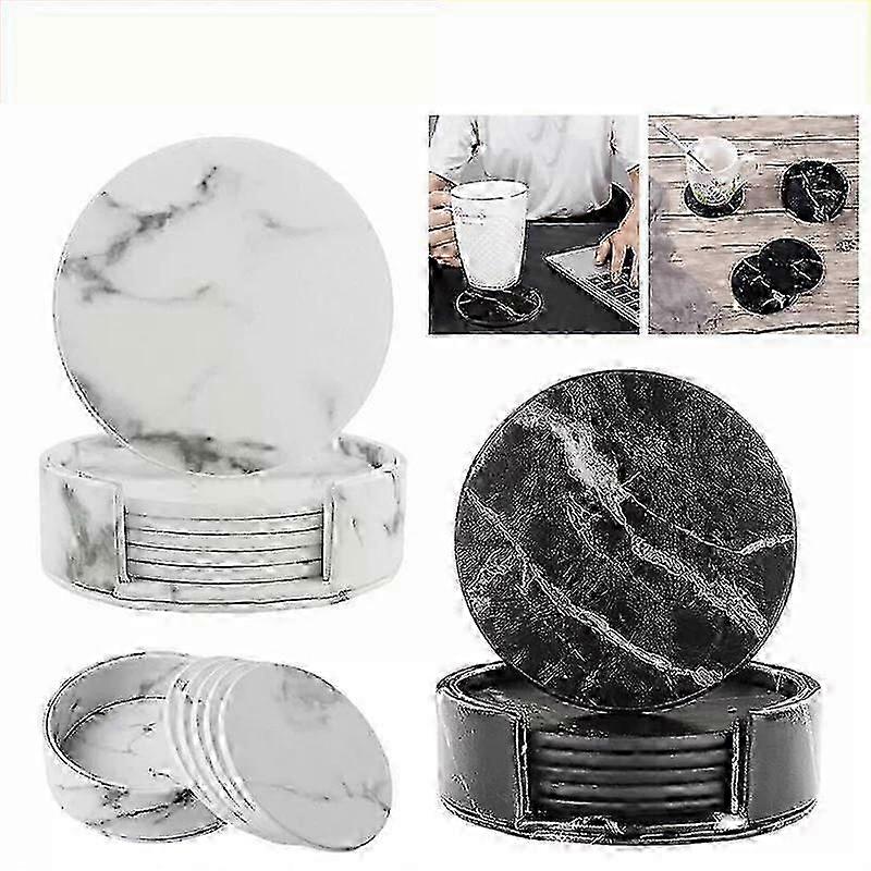 6 Pcs Round Coaster Set with Holder Marble Texture Drinks Coasters Hot or Cold Table Mat 26-27s