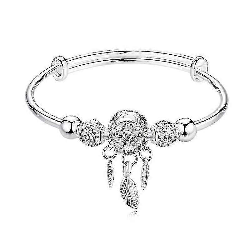 Adjustable Silver Dreamcatcher Tassel Feather Round Bead Charm Bracelet &bangle