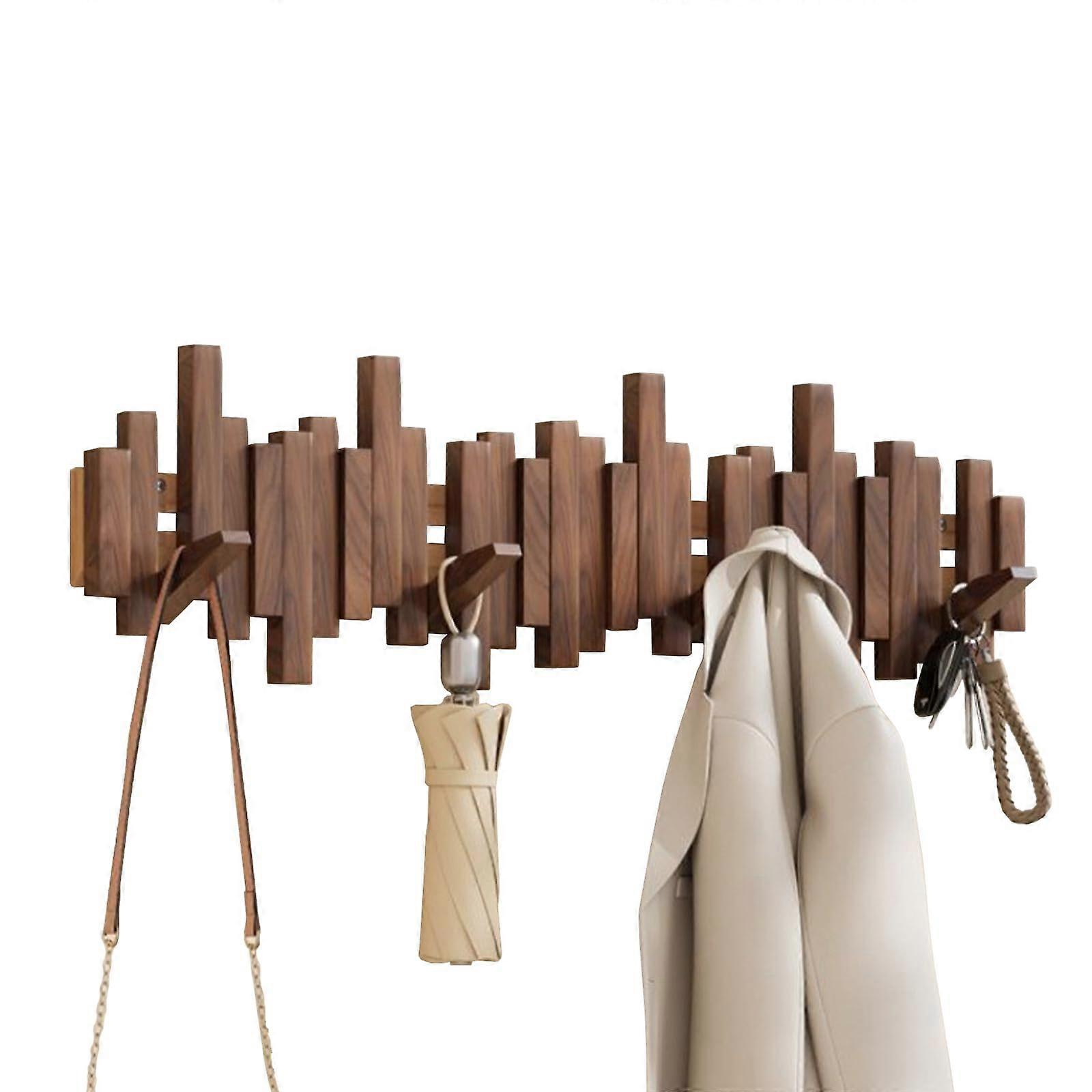 Wall Mounted Coat Rack Walnut 10 Hooks Solid Wood PianoKey Flip Design SpaceSaving Entryway
