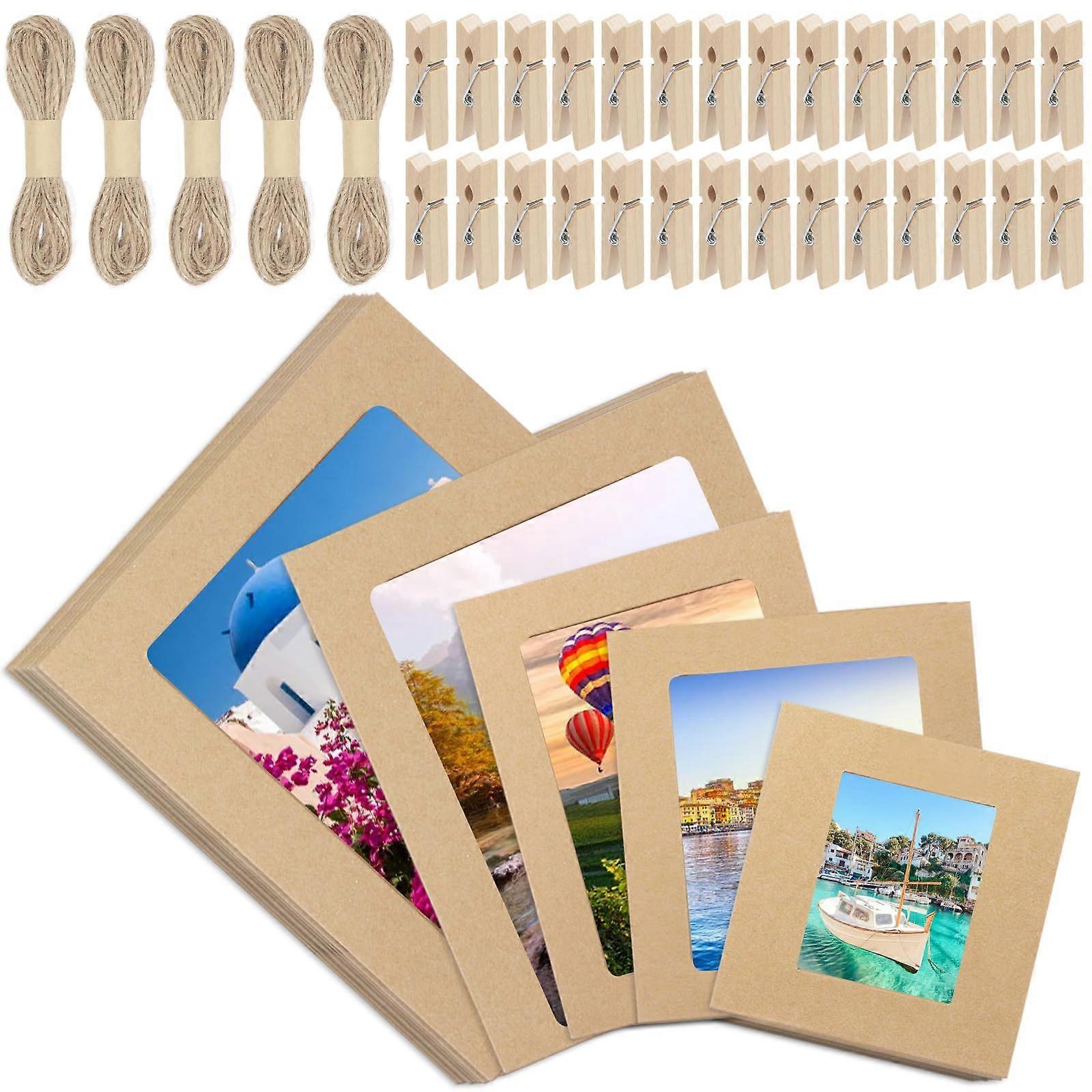 Photo Display Frame Set with Clips and String, MultiSize Khaki Cardboard Hanging Picture Frames Kit