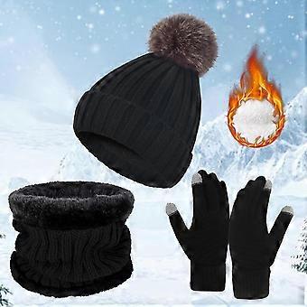 Conjunto de gorro com pompom feminino (forrado com lã) + cachecol e luvas de tricô – Conjunto de presente de 3 peças para esqui no inverno, na cor preta