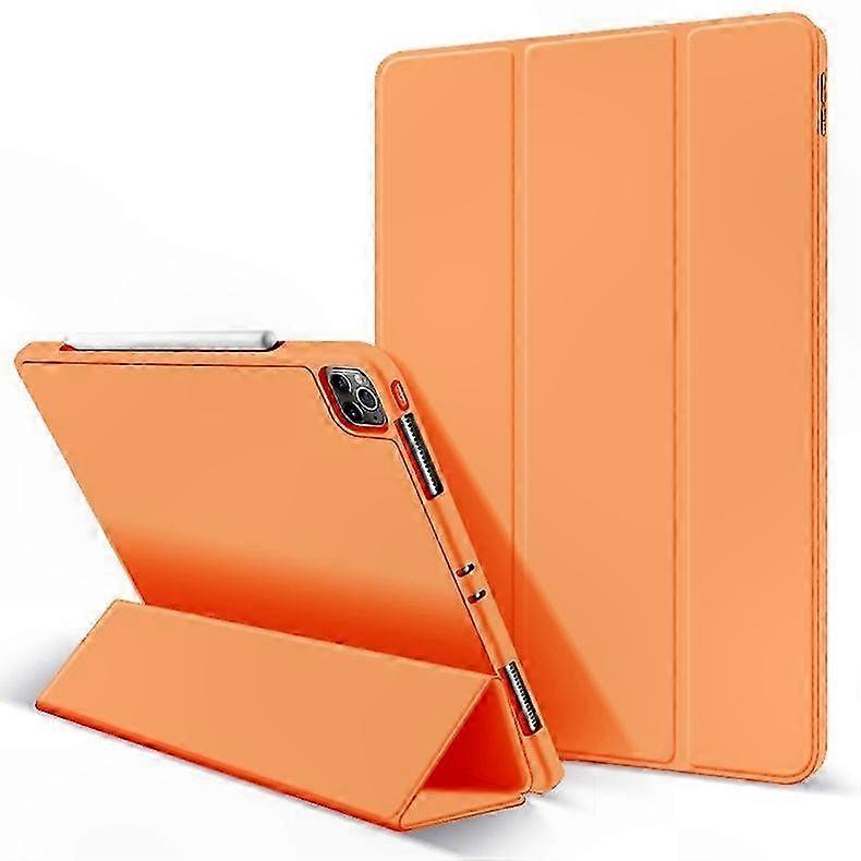 Capa tripla de couro laranja com fecho magnético e compartimento para caneta para tablets de 11 polegadas (modelos 2018-2022).