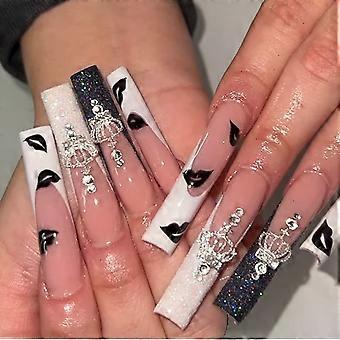 24 Pcs Fake Nails Long, Black and White Glitter French Press on Nails With Diamonds, Nude Medium Ballerina Stick on Nails