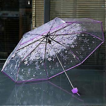 Clear Transparent Compact 3-Fold Umbrella compatible with Outdoor Activities Purple