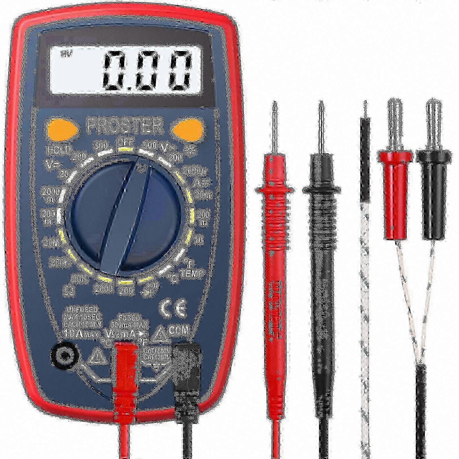 Digital Multimeter with LCD Display, Diode Testing, Backlight, and Test Leads