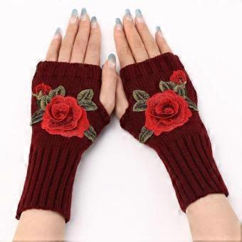 Botvotee Y2k Accessories Arm Warmers Sleeves for Women Flower Fashion Half Finger Knit Winter Arm Guard Black Fingerless Gloves