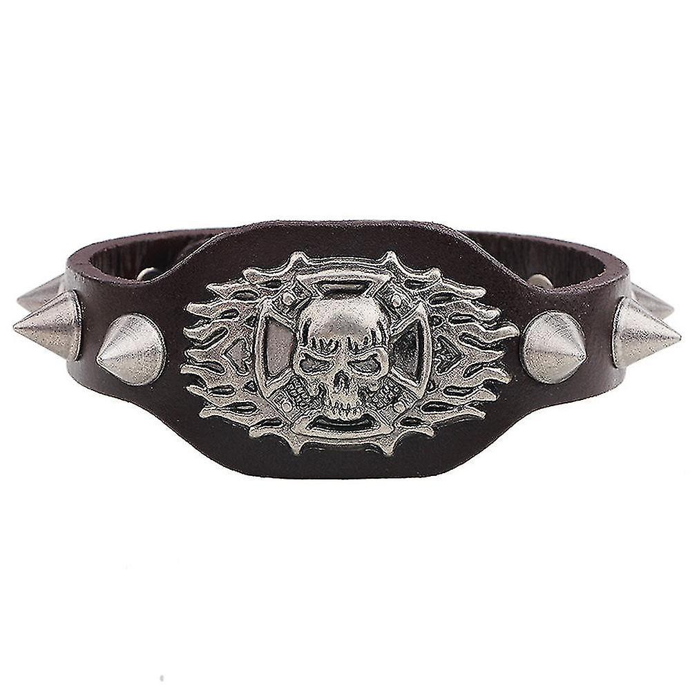 Punk Leather Bracelet With Sharp Nail Flame Skeleton