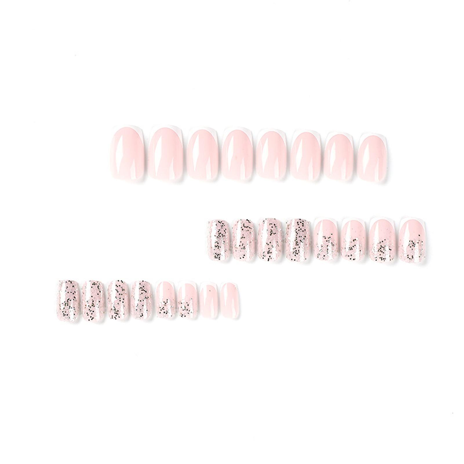 White Tips Pink False Nails Glossy Nails With Silver Sequins Manicure