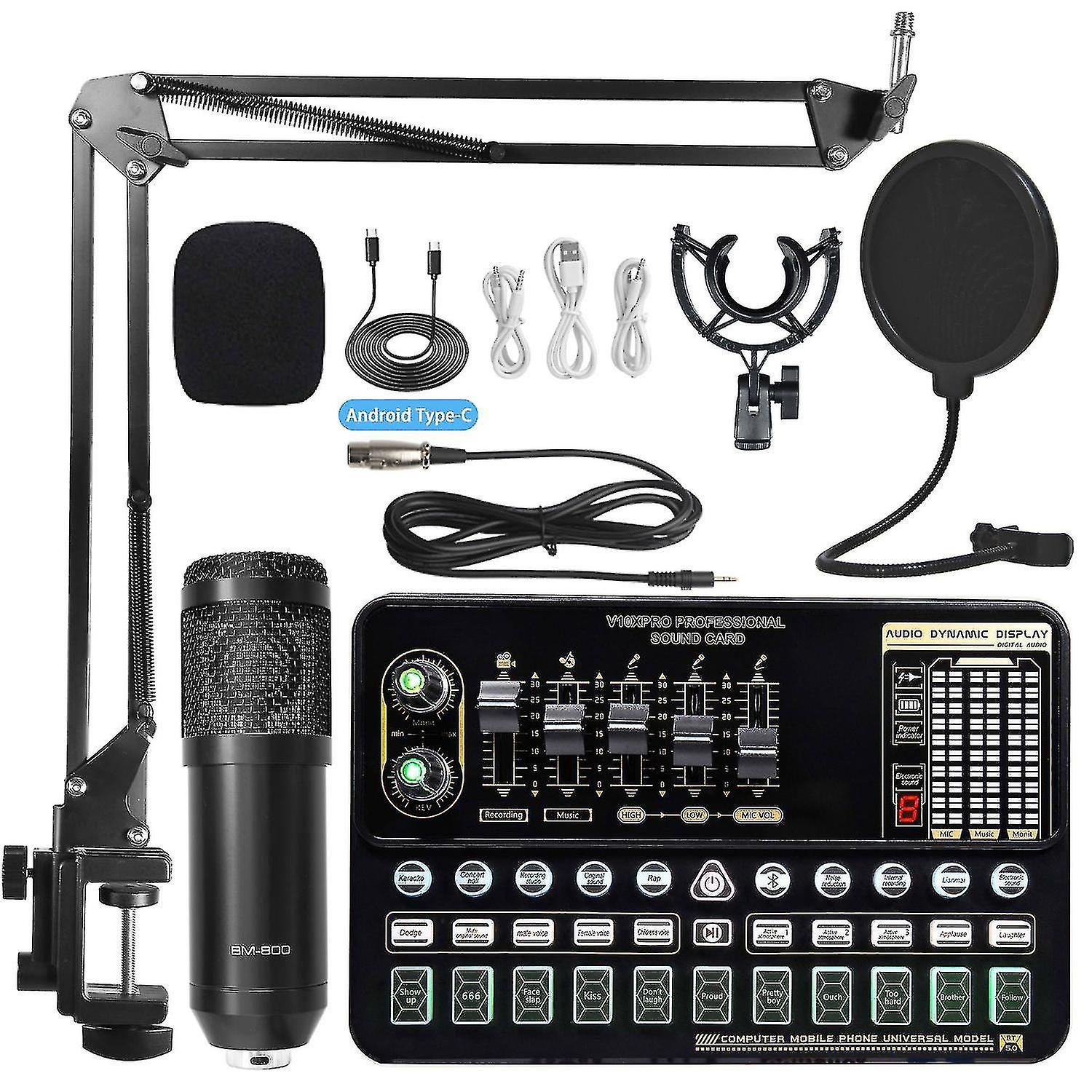 Professional Recording Studio Audio Set Of External Live Karaoke Microphone Sound Card-black
