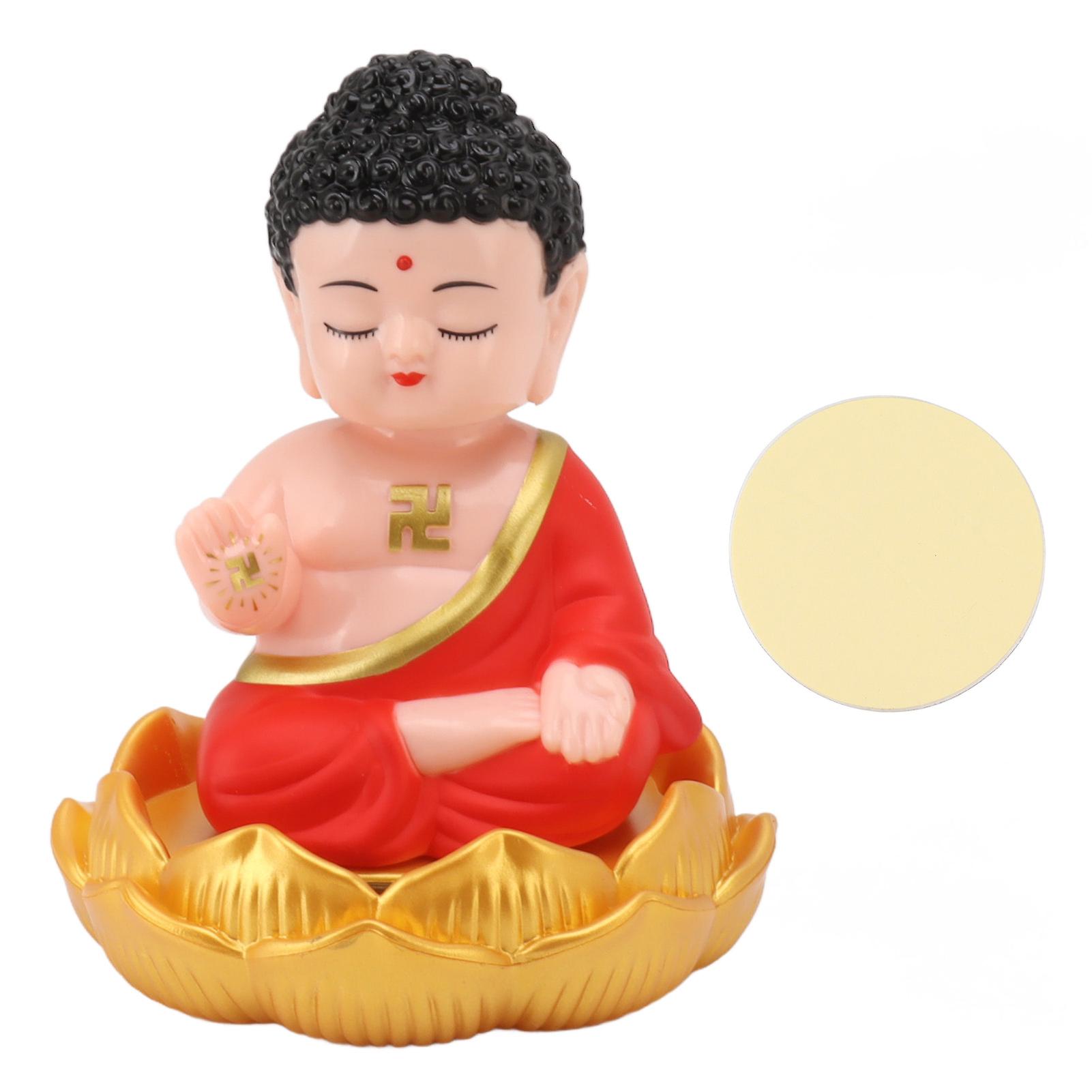 Red Solar-Powered Buddha Statue with Light Sensor for Home, Car, or Office