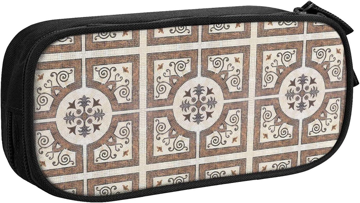 Pencil Case Brown Pattern Tile Print Stationery Storage Bag Large Capacity Double Layer Pencil Case for School Girl and Boy8114