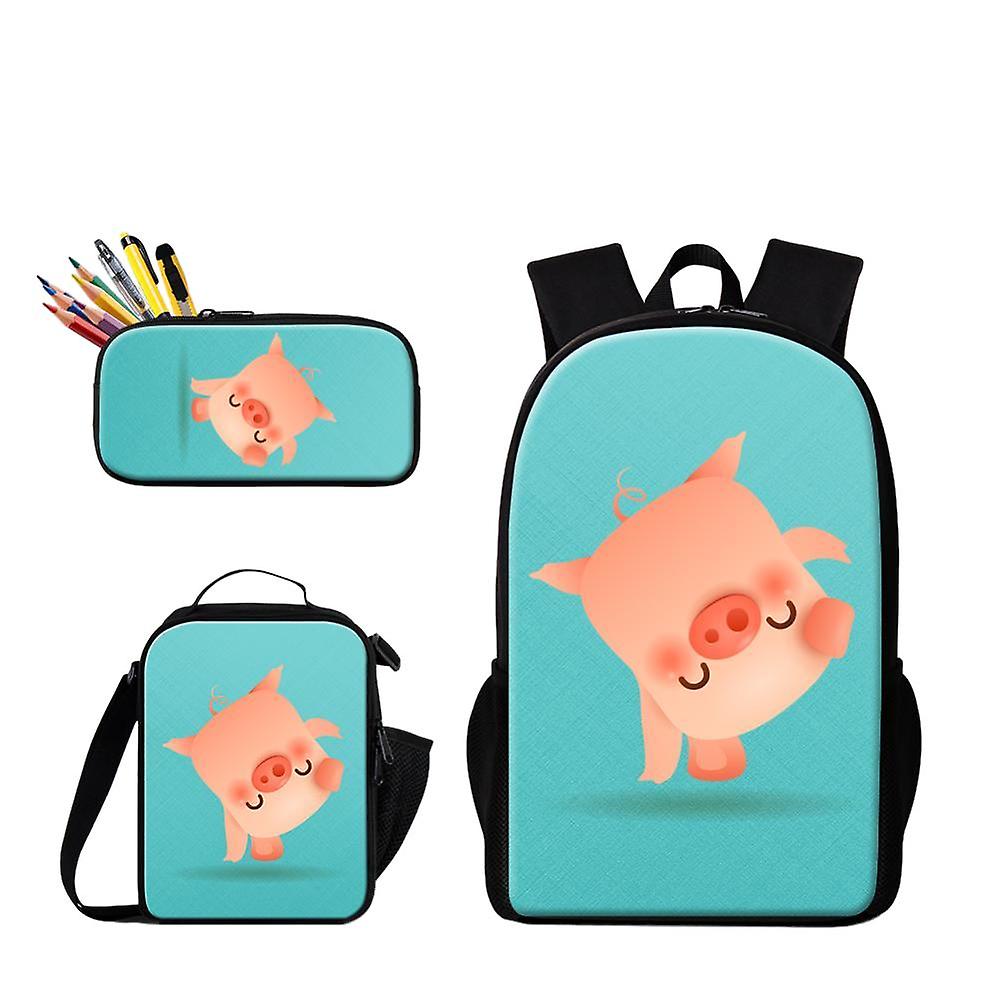 Redkid 3pcs Student Daily Use Backpack With Food Lunchbox Pencil Case Cartoon Pig Printing Primary S