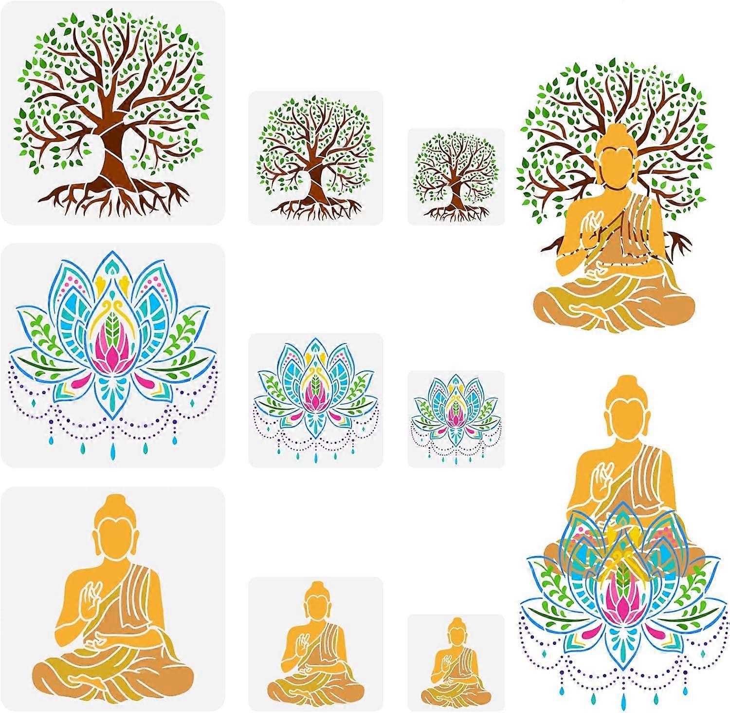 9 Pcs 3 Styles Tree of Life Stencil Lotus Flower Stencil Plastic Buddha Stencil 11.8/7.9/5.9 inch(30/20/15cm) Square Reusable DIY Projects and Crafts 