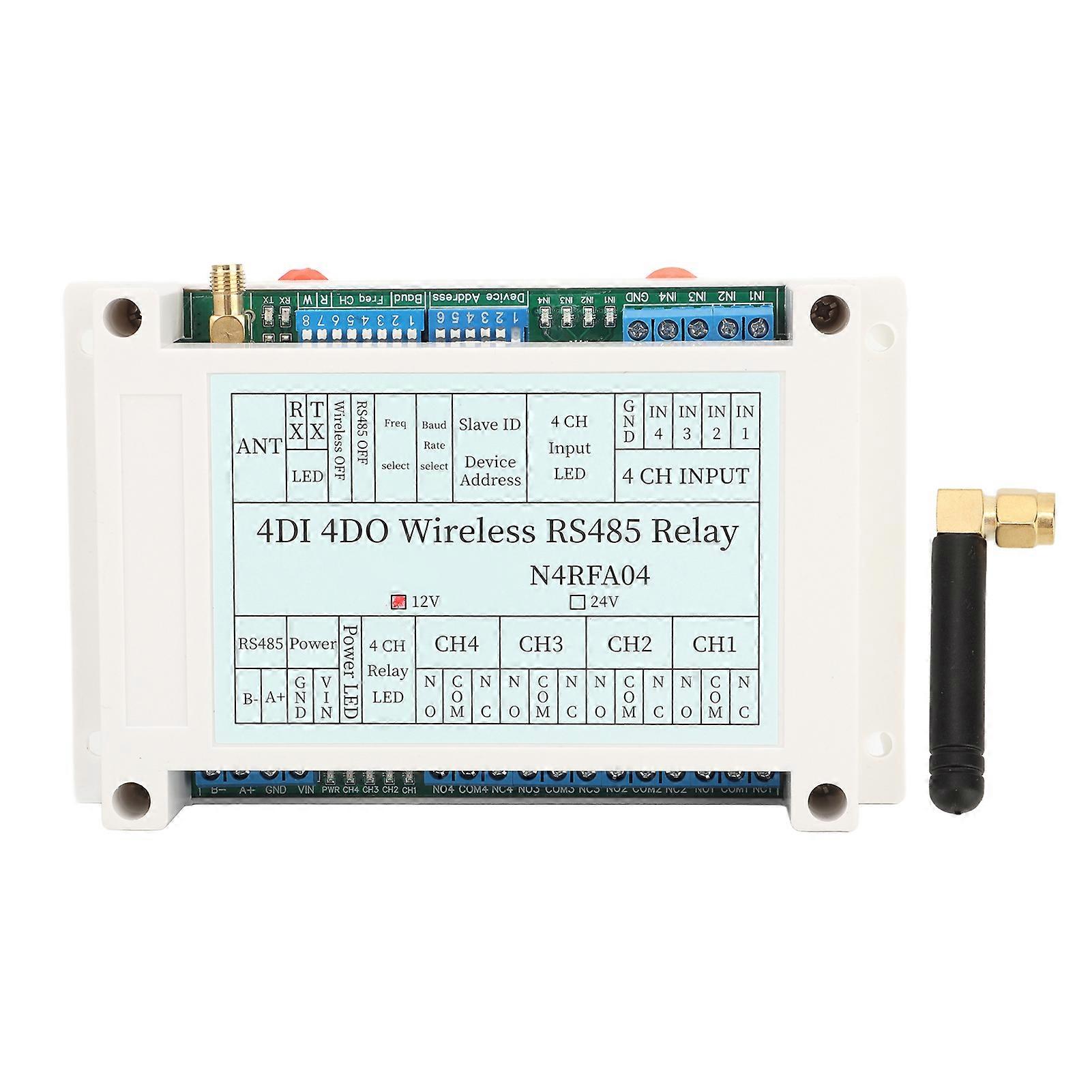 4 Channel Wireless Relay Module 4DI 4DO 433M RS485 Transmitter Receiver Relay with Antenna DC 12V