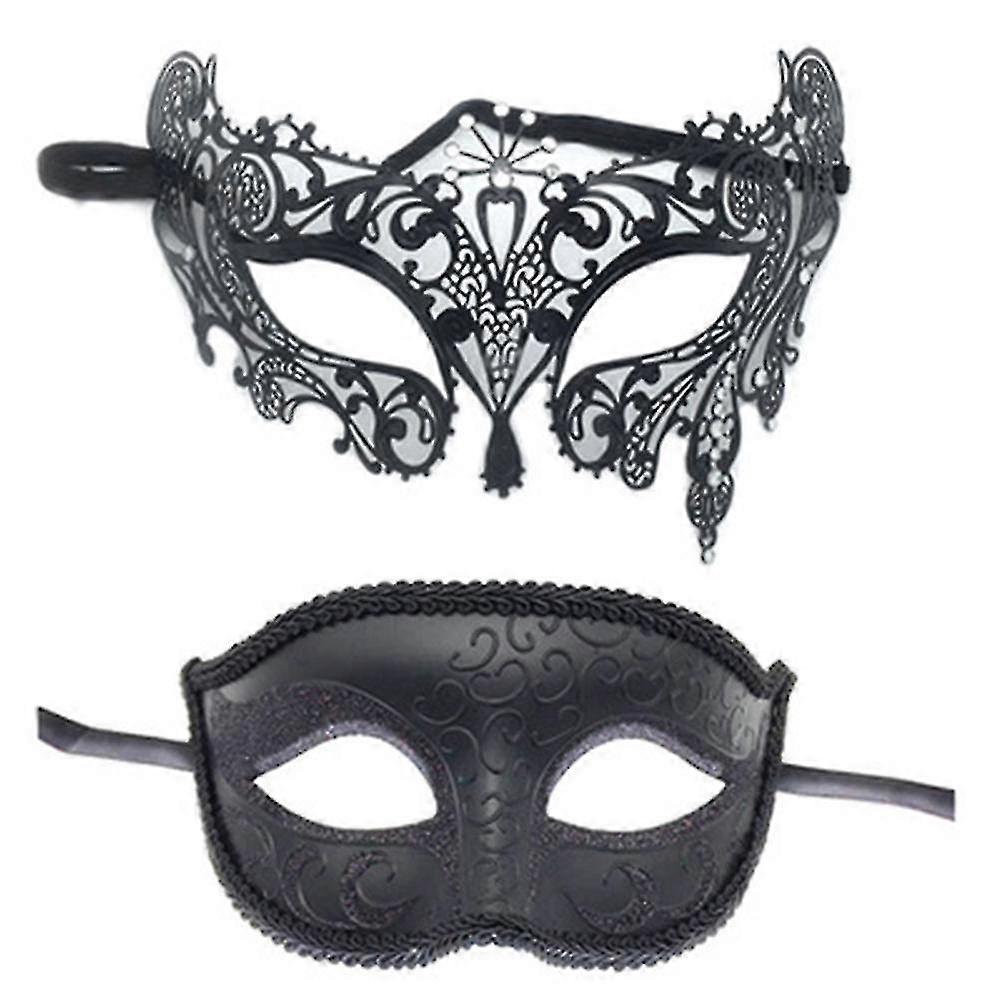 2pcs Couples Masquerade Masks Set Black Half Face Masks For Dancing Party