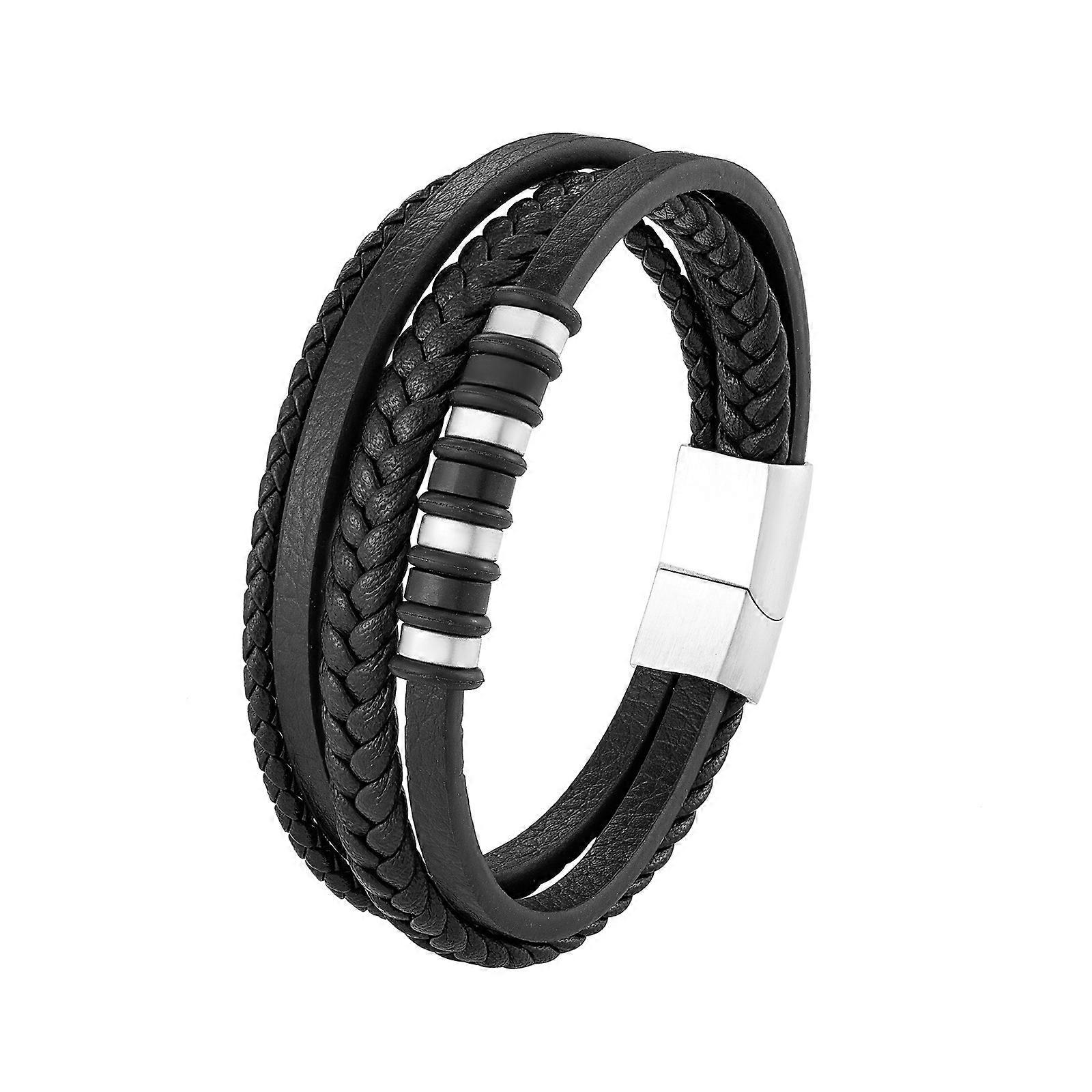 Stylish High Quality Durable Braided Leather Bracelet Black/Silver