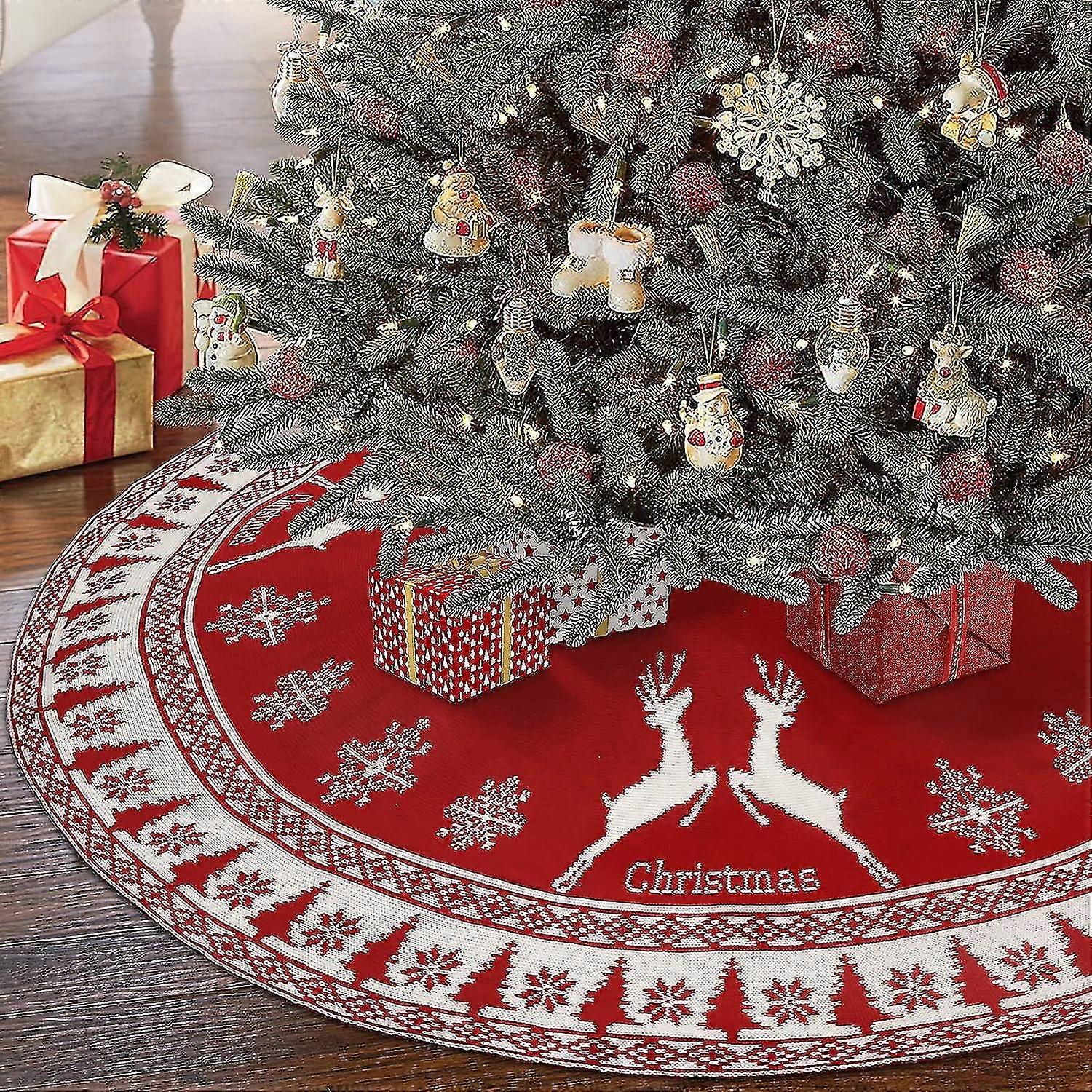 Christmas Tree Skirt, Large 48 Inch Rustic Christmas Tree Skirt With Snowflake And Reindeer, Red Knit Christmas Tree Skirt Christmas Decorations, For
