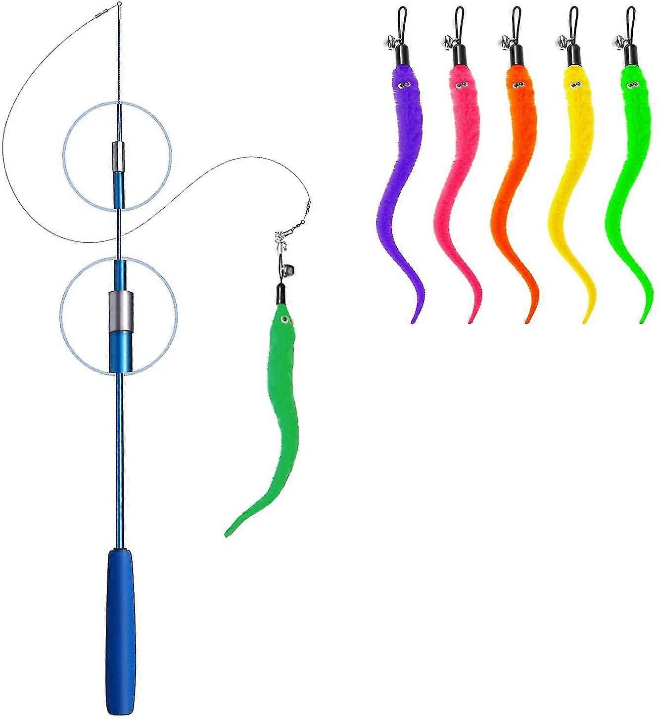 Feather Toy For Cats, Interactive Retractable Fishing Rod Cat Toy With 1 Stick Magic Wand + 5 Spare Worms For Cats And Kittens