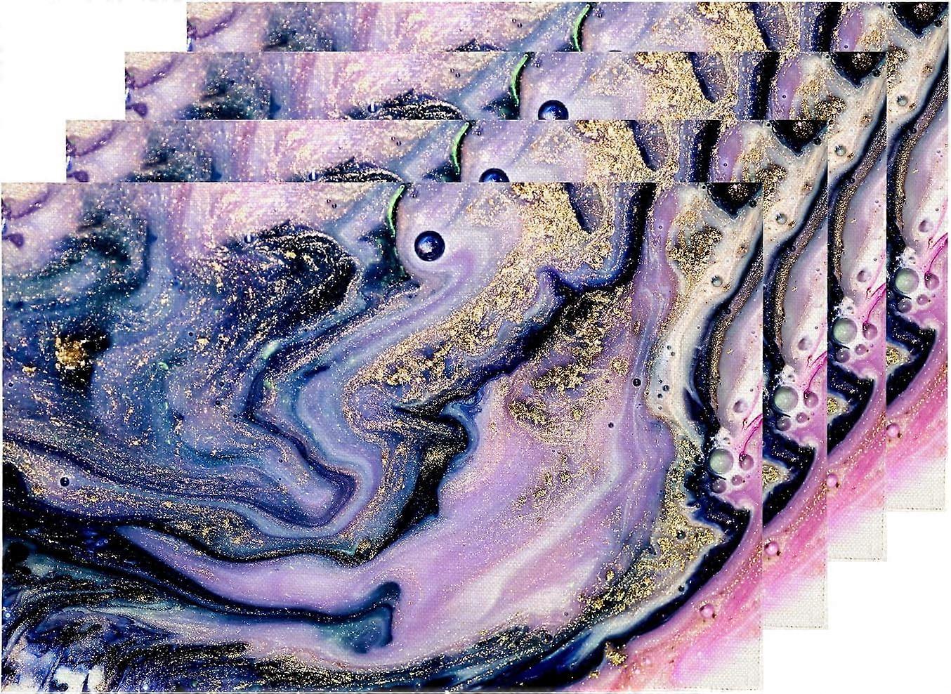 Purple Abstract Fluid Placemats, Gold Acrylic Table Mat Linen Burlap Washable Double-Deck Heat Insulation for Dining Table Kitchen Table Set of 4 (12
