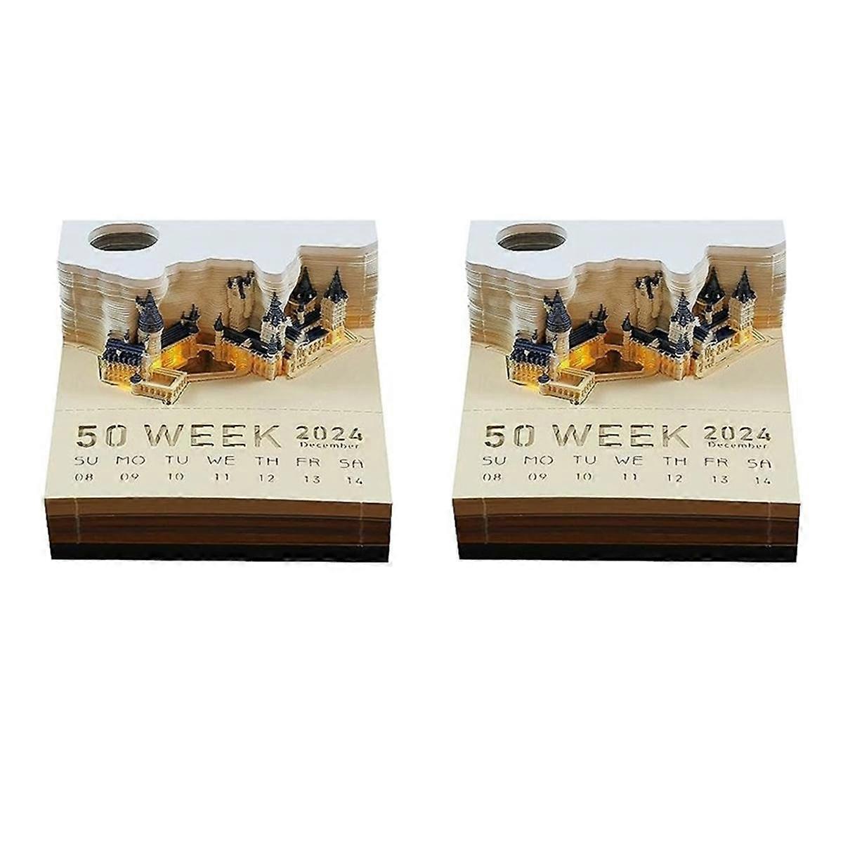 2024 Block Notepad with Calendar Square Castle LED 3D Notepad Sticky Notes Scrapbook Christmas Birt