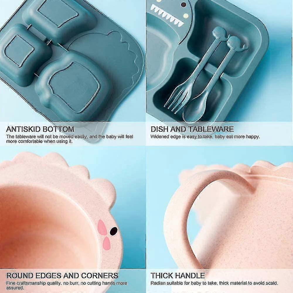 Set di piatti per la cena, Set di piatti per bambini, Piatti e piatti per bambini in 6 pezzi, Ciotola per bambini, Tazza, Cucchiaio, Compatibile withk, Piccolo dinosauro dei cartoni animati, P