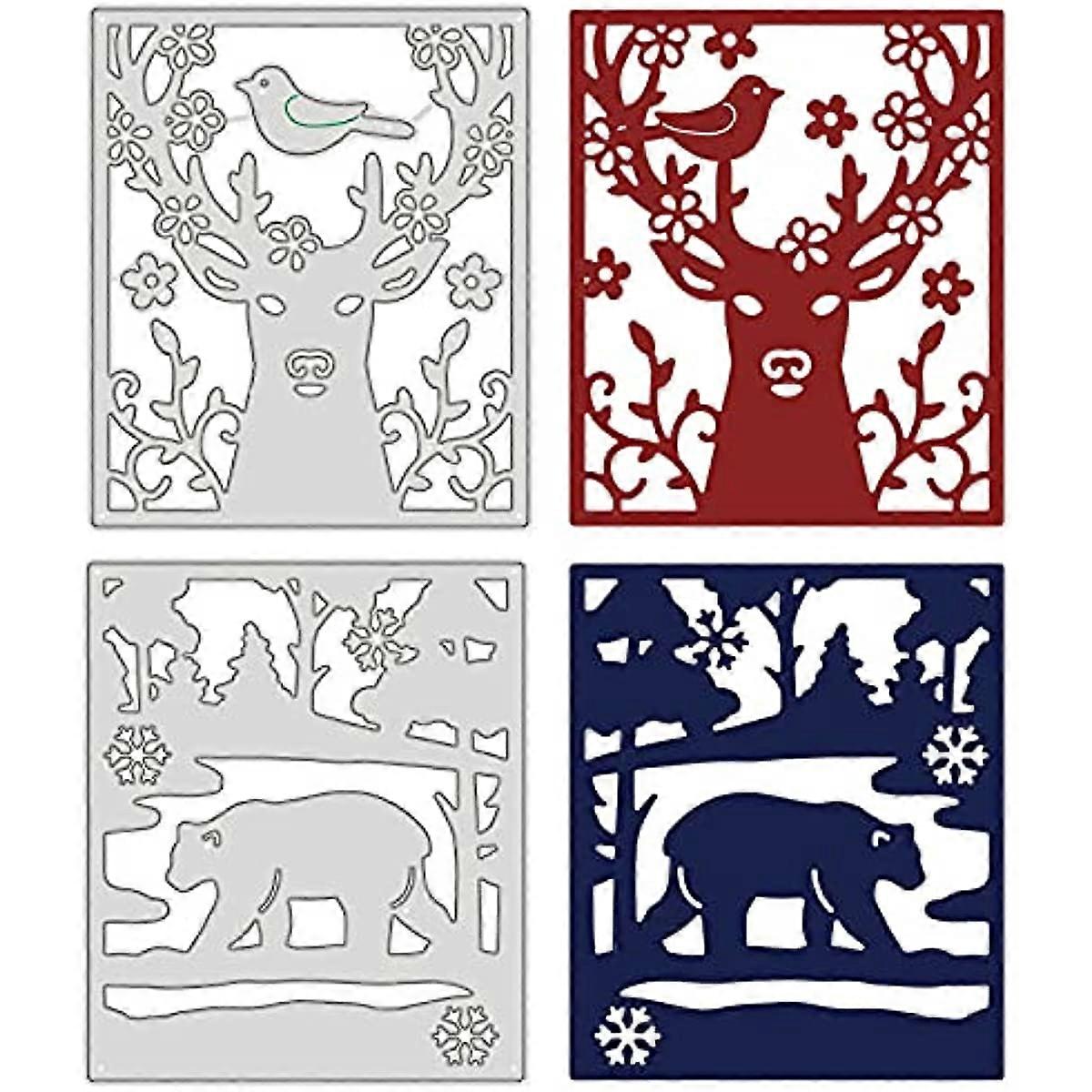 2pcs Deer and Bear Frame Metal Cutting Dies Template s with Trees and Snowflake Pattern for DIY Scrapbooking Greeting Cards Making Album Envelope Deco