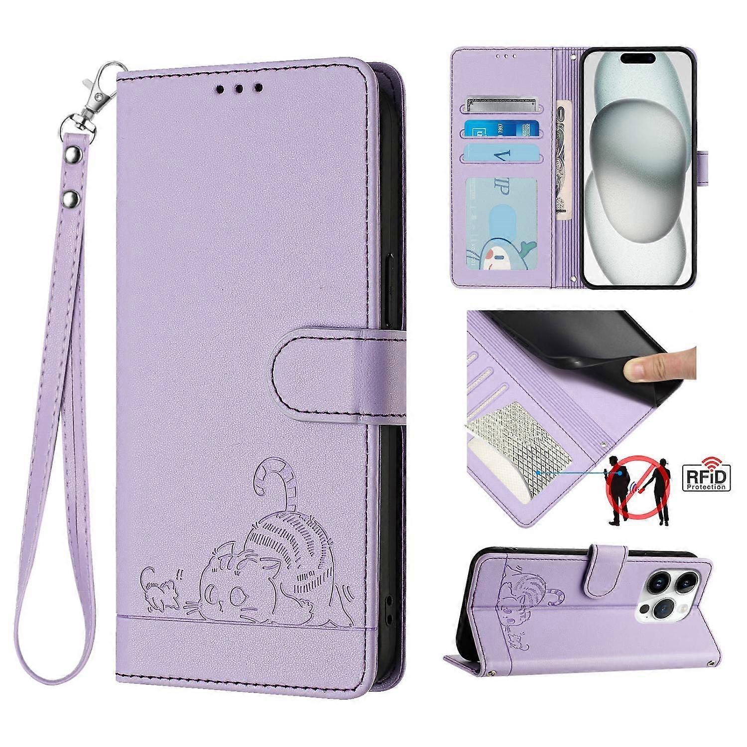 For iPhone 16 Pro Case with Strap RFID Blocking Leather Wallet Phone Cover Cat Mouse Pattern - Purpl