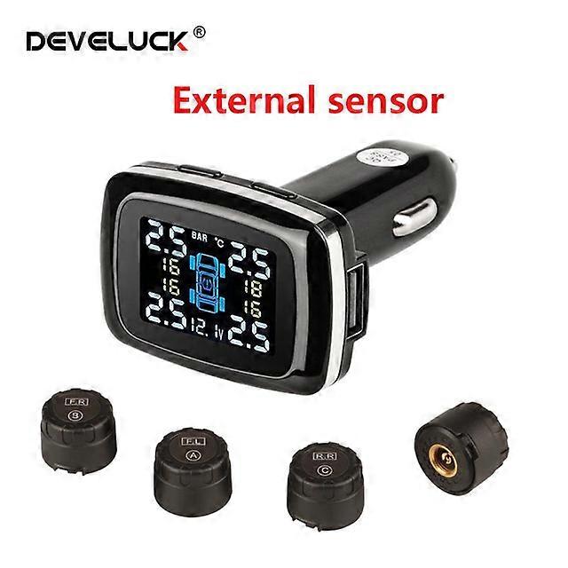 Develuck Car TPMS Allume-cigare Sans fil Universel TPMS Numérique tpms Système d’alarme de pression des pneus 4 Capteur interne externe