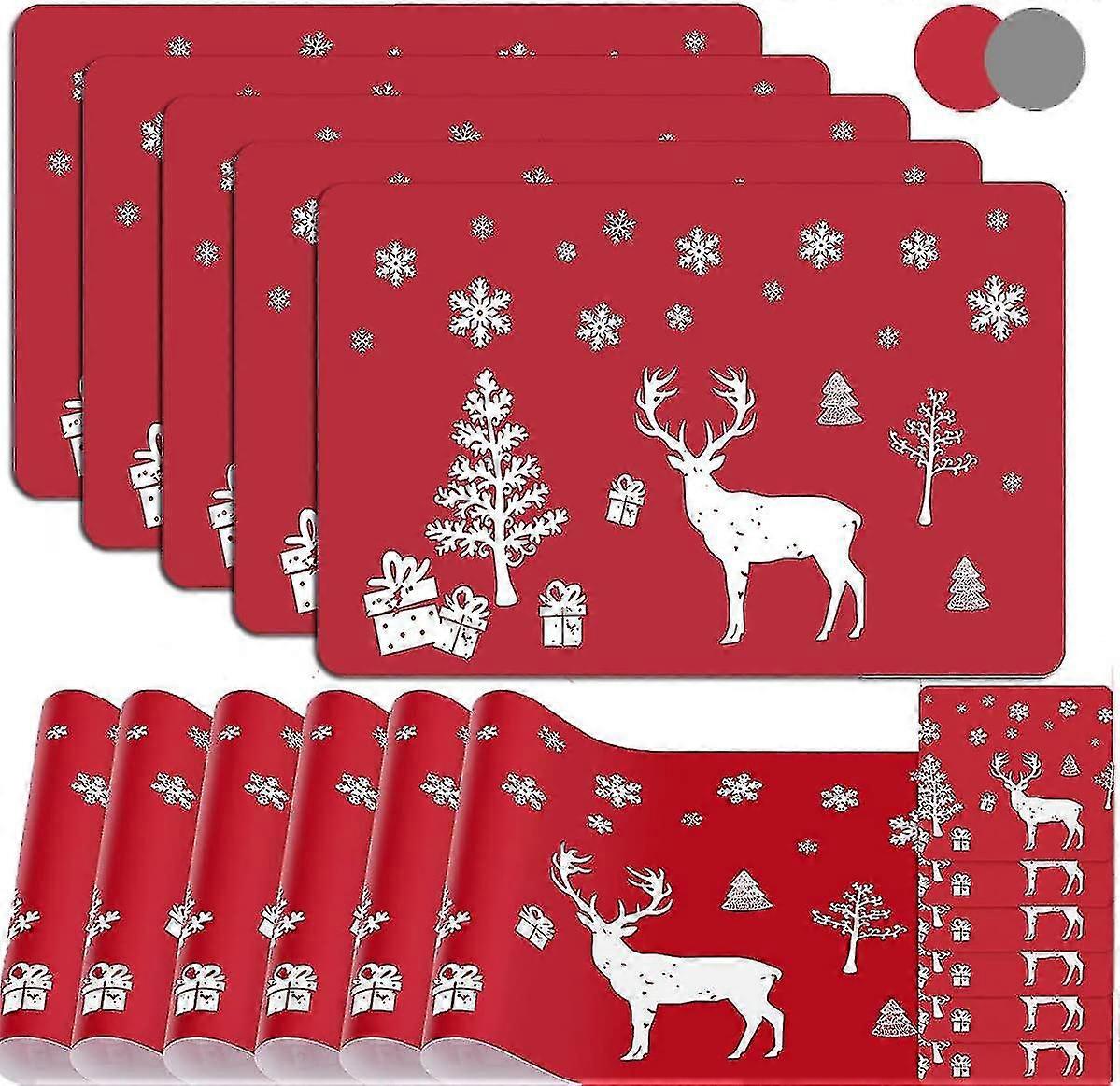 12pcs Christmas Placemats And Coasters Set - Reindeer Placemats (red) -shiyi--