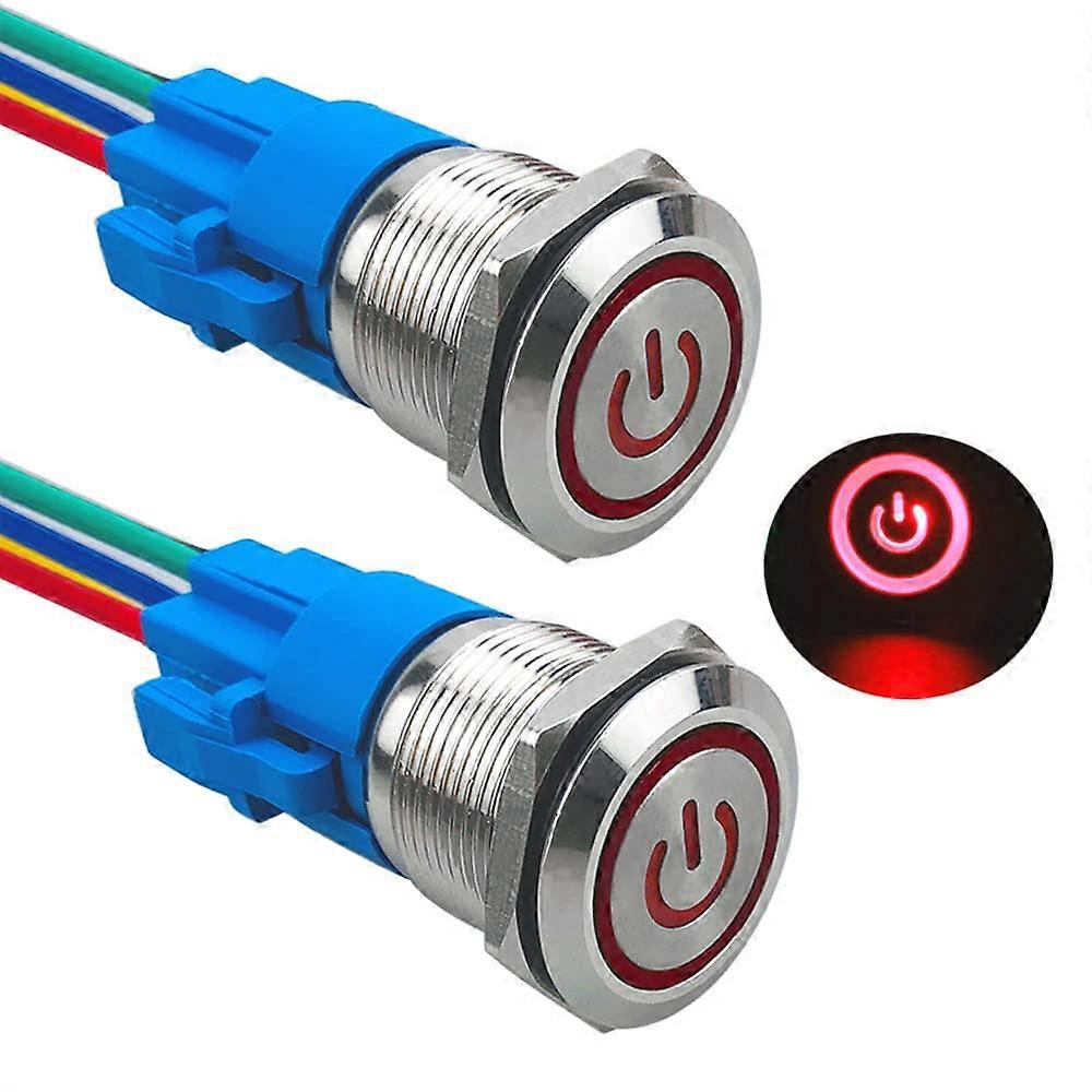 2 Pcs 19 mm Self-Locking Latching Push Button Switch, 12V / 24V 5A Car Starter Switch, IP67 Stainless Steel Switch, with Pre-Wired (Red)