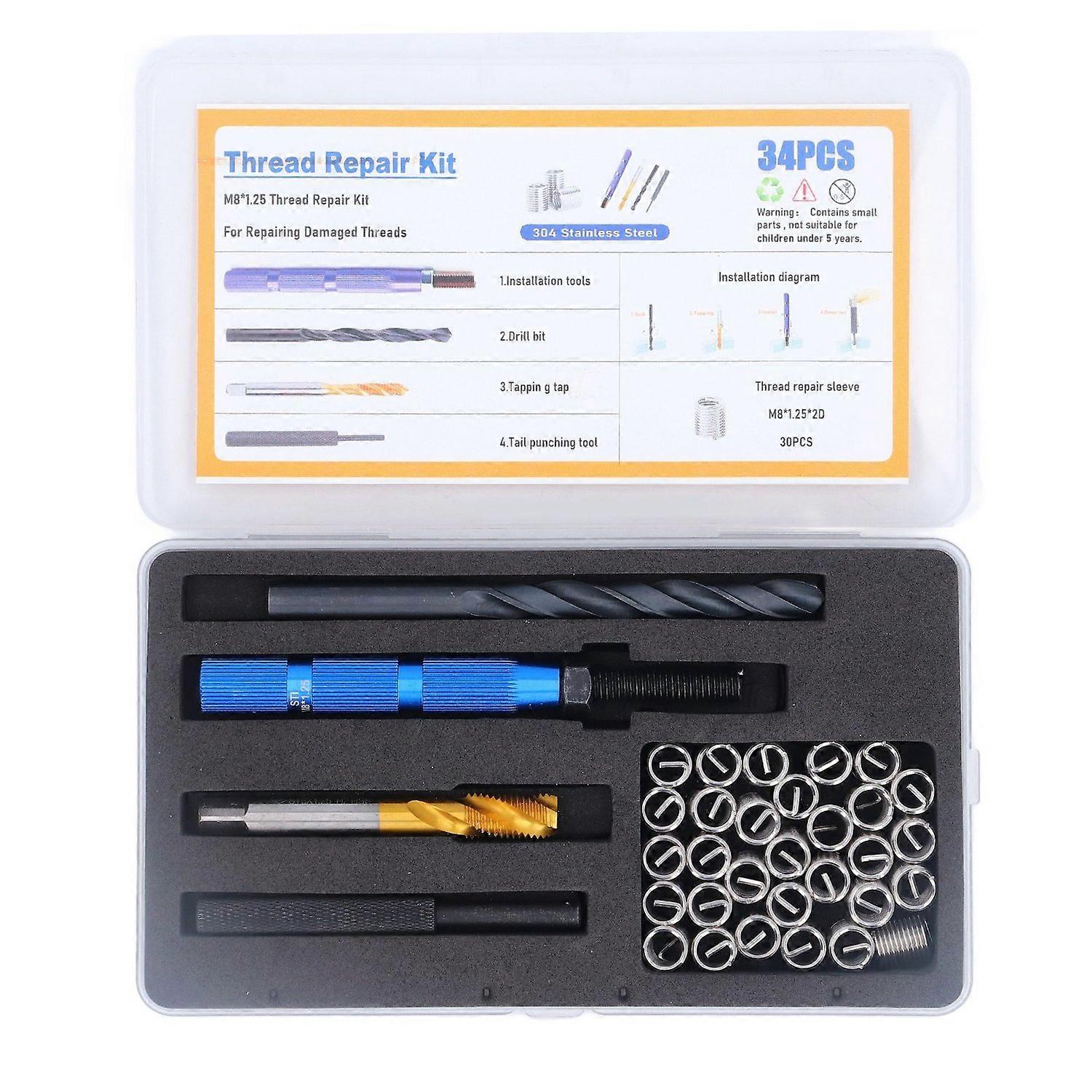 34Pcs Metric Thread Repair Insert Kit Stainless Steel M8 X 1.25 X 2D Thread Insert Installation Tool