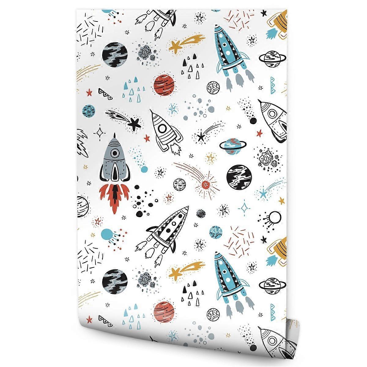 Tapetrulle til børn, rumraketter, planeter, stjerner