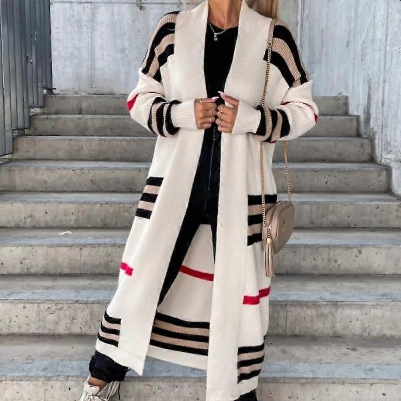 Autumn Winter Knitted Cardigan Women Striped Patchwork 2022 Elegant Loose Long Outerwear Maxi Y2k Sweater Coat Soft Jacket