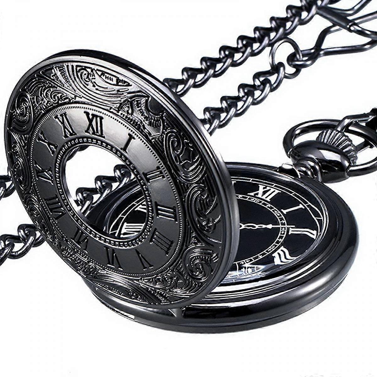 Quartz Pocket Watch for Men with Black Dial and ChainBlack