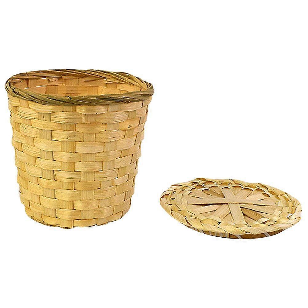Round Bamboo Weaving Tea Basket With Lid Mini Tea Storage Basket Garbage Container Bin