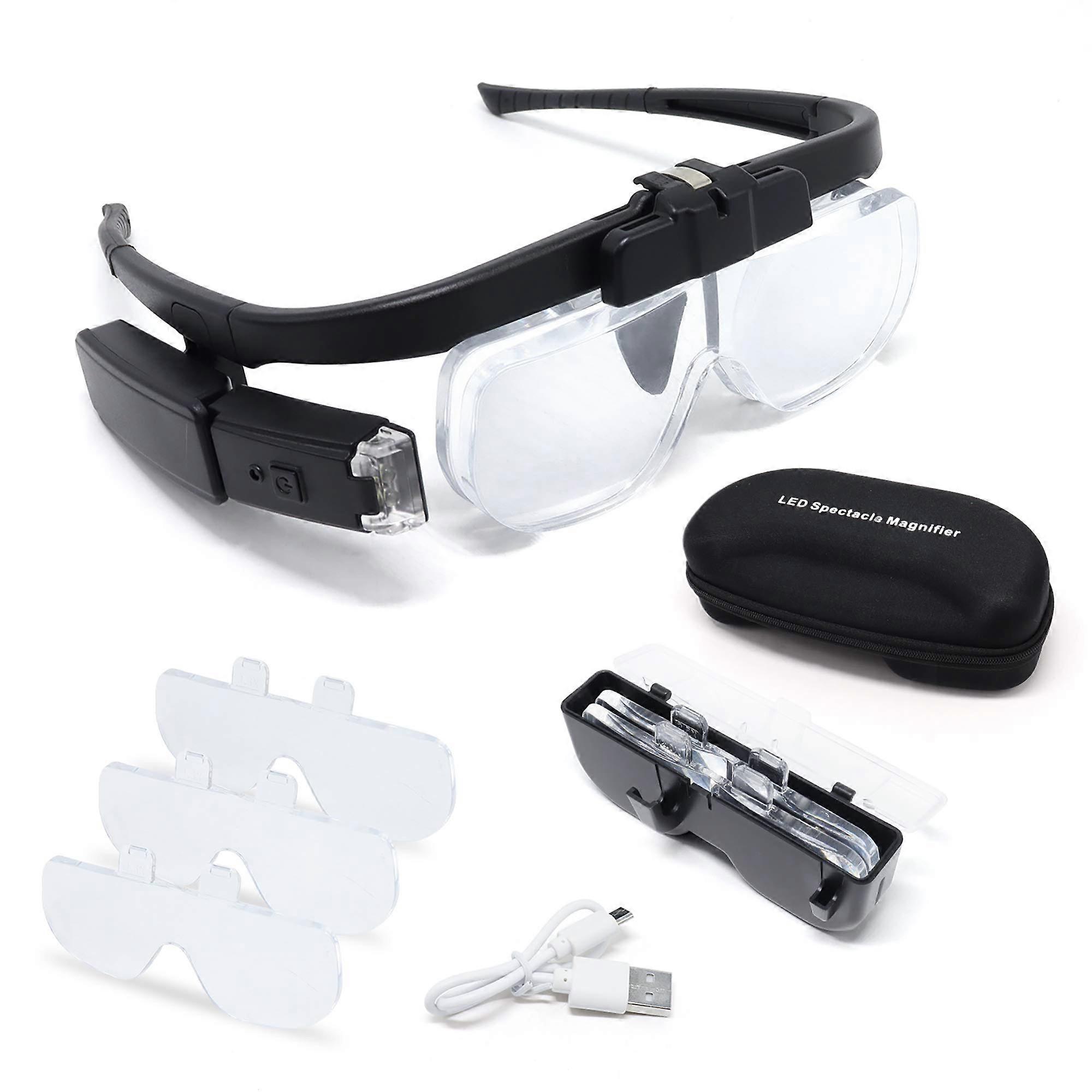 LED Head Mount Magnifier Glasses with 3 Interchangeable Lenses, 2 LED Lights, USB Rechargeable for Reading and Repair Tasks