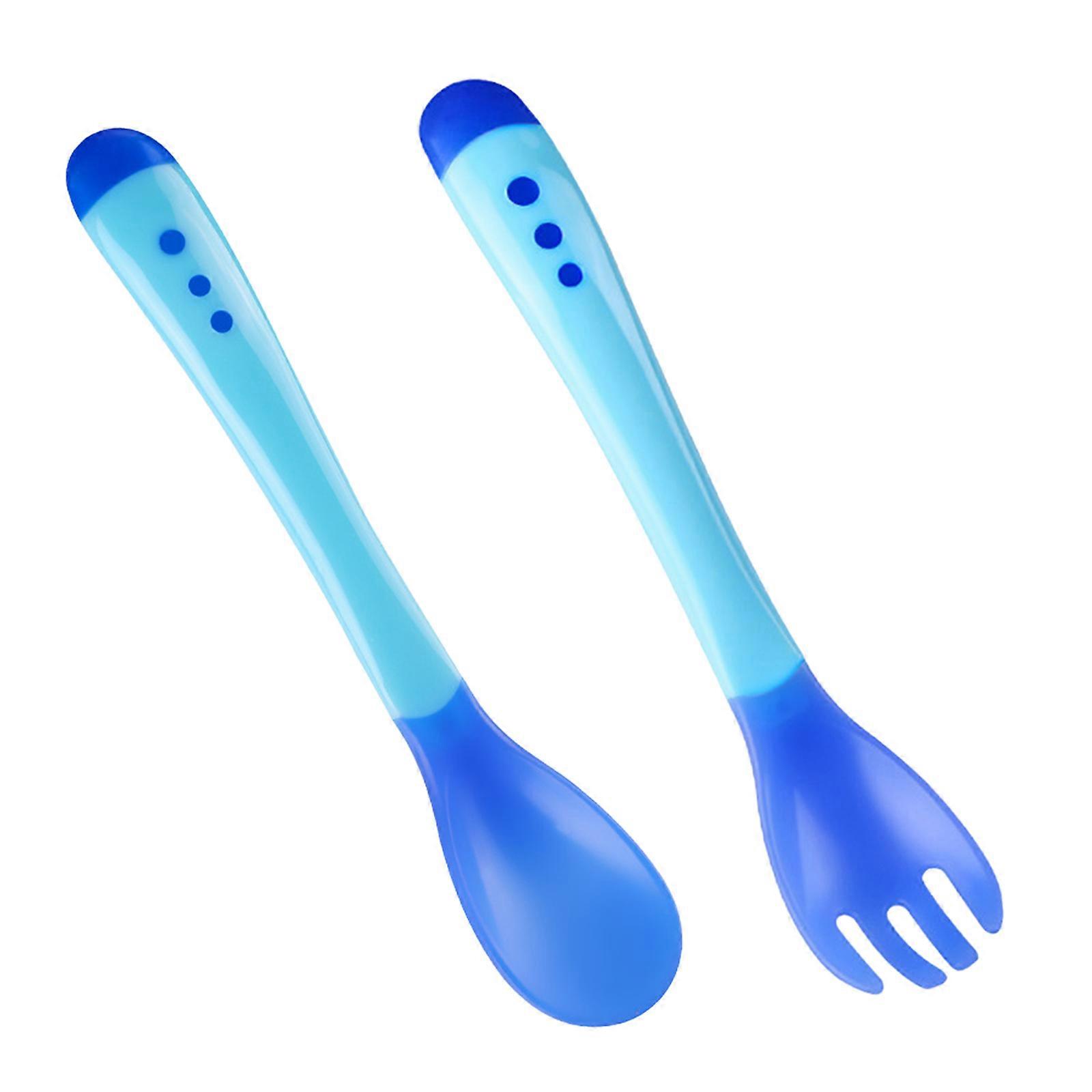 2pcs Baby Spoon and Fork Temperature Sensing Utensil Set Learn to Eat Tableware Baby Infant Food Feeding Gift for Kids Blue