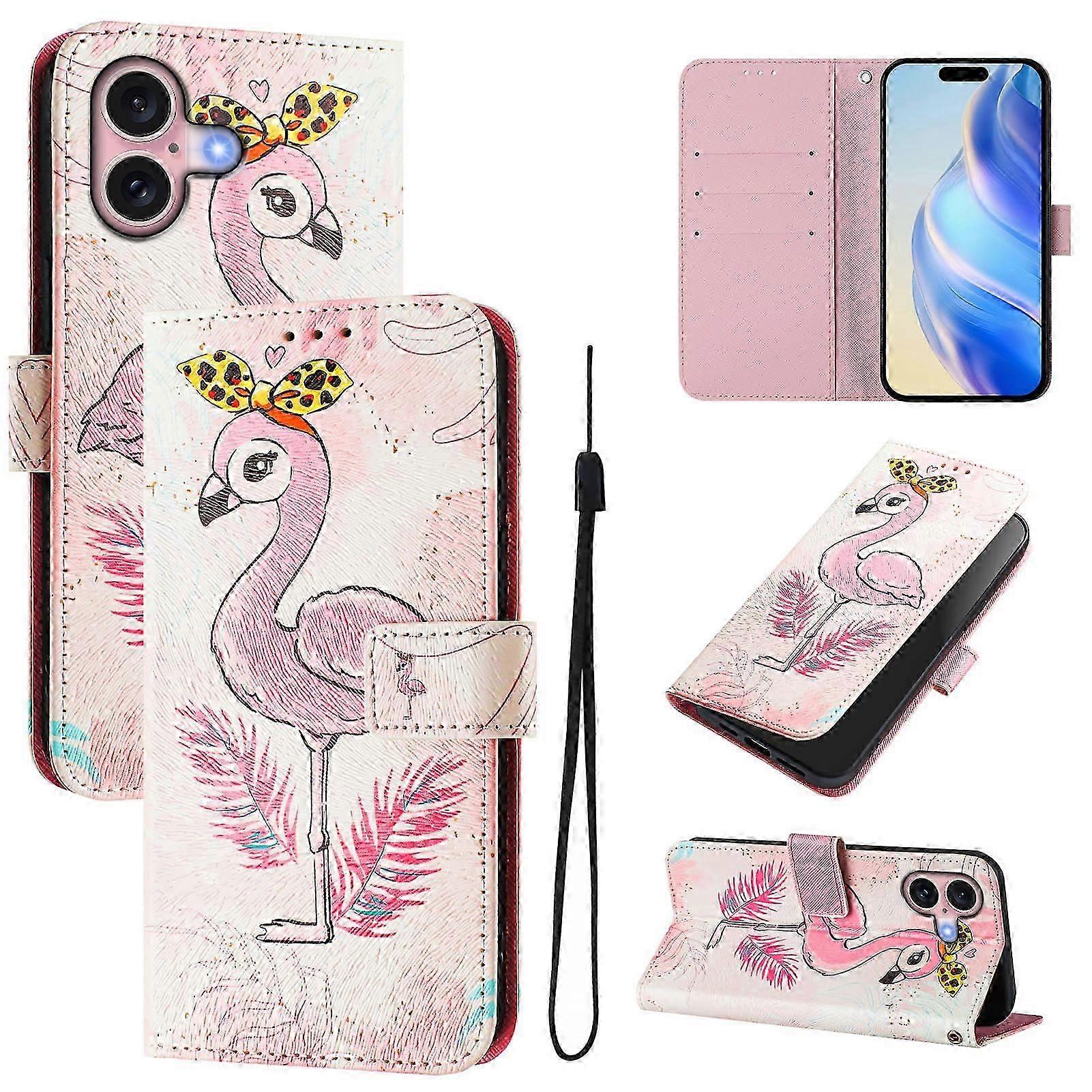 For iPhone 16 Case Pattern Printing Wallet Phone Cover with Strap