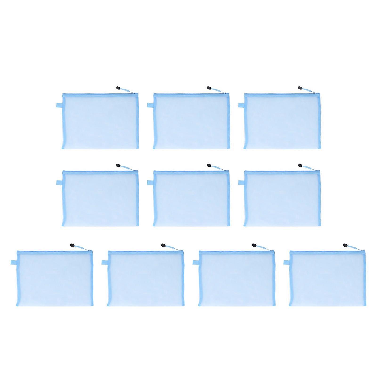 10 Pcs Mesh Zipper Pouch Bag Transparent Nylon A4 Paper Pouch for Office File Document School Stationery Blue