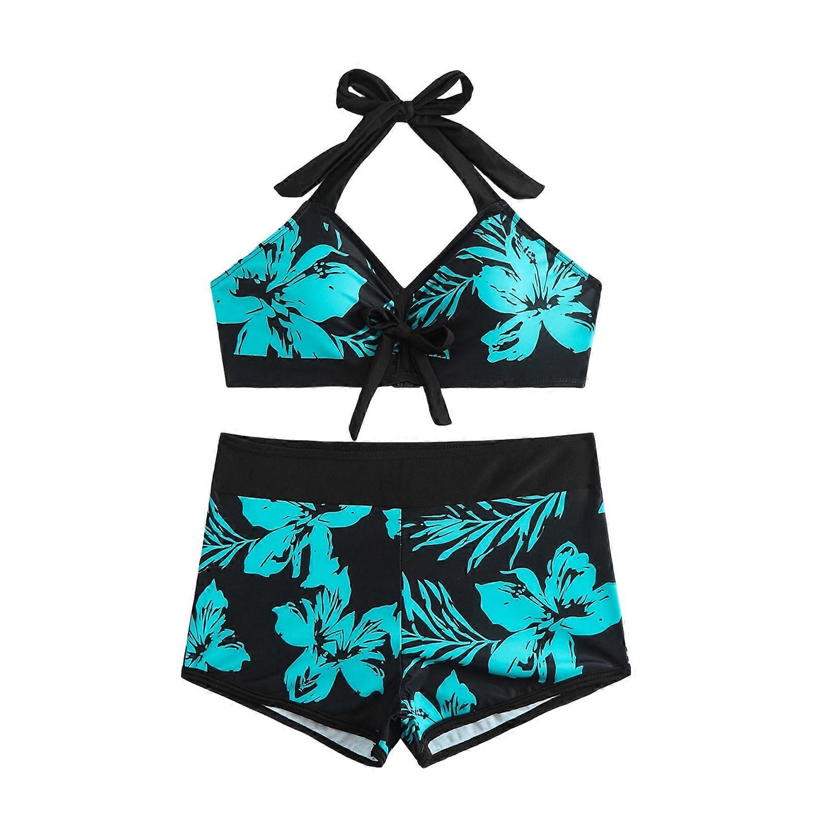 Damen Push Up Badeanzüge Zwei Stücke Split Badeanzug Weibliche Blume Print Badeanzug Hohe Taille Bademode für Strandbekleidung Grün XL